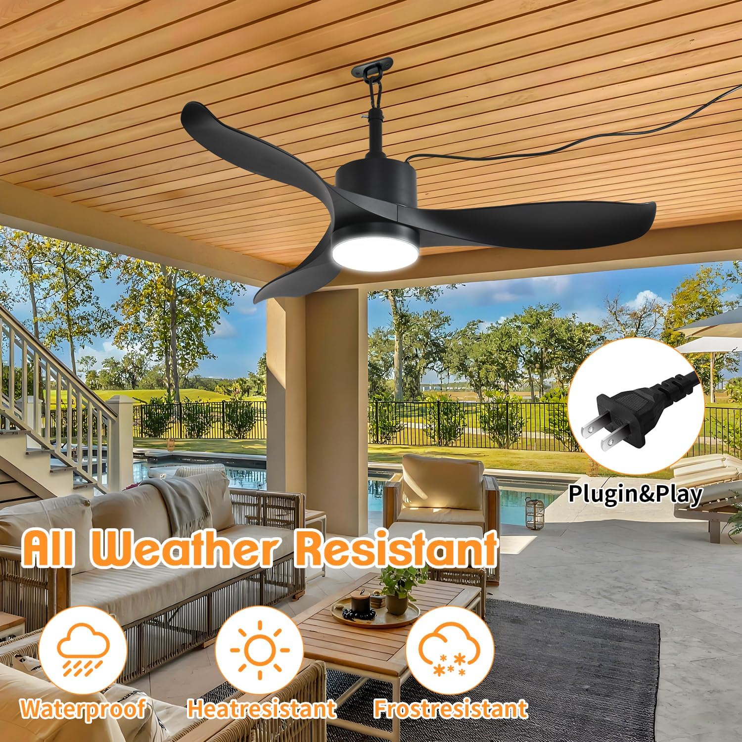 42 Inch Outdoor Ceiling Fan with Light, Plug In Waterproof Black Ceiling Fan for Patio Gazebo Pergola, Hanging Fan with Hook, Remote Control, 6-Speed Fan & Dimmable LED