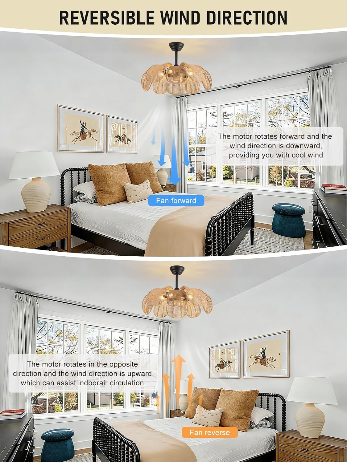 Boho Ceiling Fan with Light, Rattan Fandelier Ceiling Fan with Light and Remote Control, Flower Chandelier Fan for Bedroom, Living Room,Kitchen,Foyer(26 Inch, 6 Speed, Timing Adjustable Height)