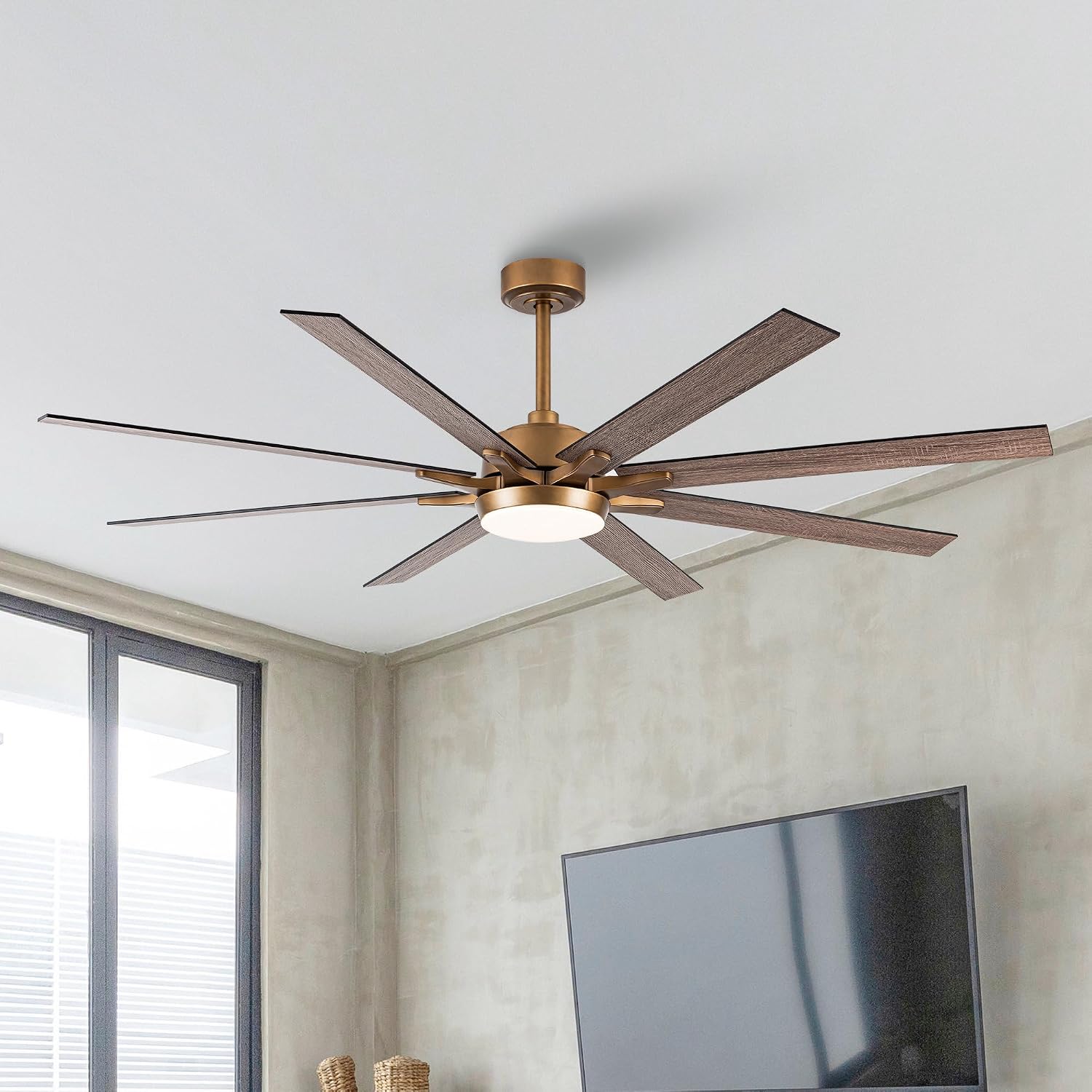 65'' Large Industrial Ceiling Fan with Light, Matte Black, 8-Blade DC Motor, 6-Speed Reversible Airflow, 24W Dimmable LED 3000K/4000K/5000K, Remote Control for Living Room Patio Garage