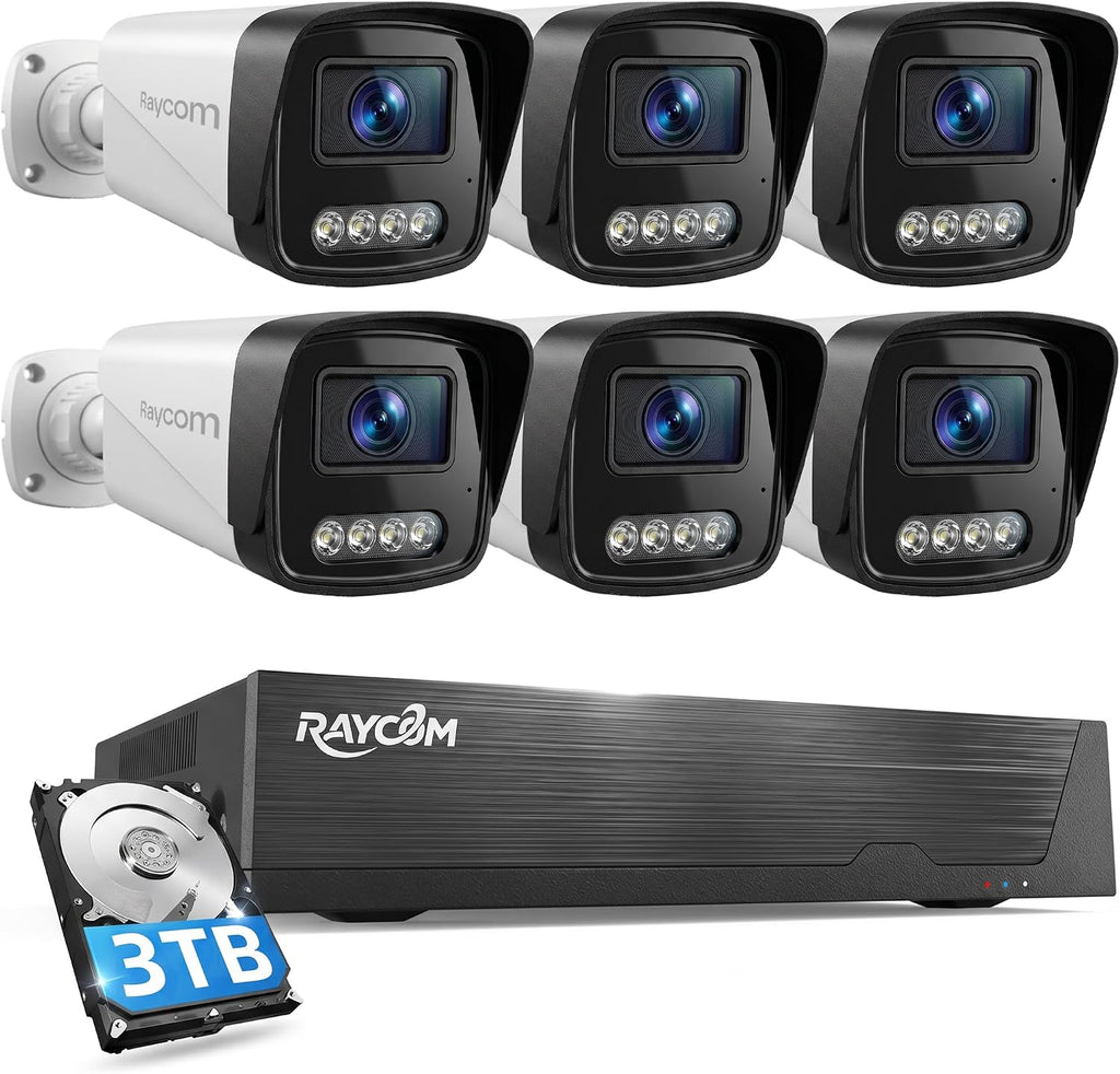 PoE Security Camera System, 6pcs Wired 3MP Outdoor IP Cameras with Color Night Vision, AI Human Detection, Two-Way Audio, 4K 8CH NVR with 3TB HDD for 24-7 Recording, No Monthly Fee (3MP-3TB)