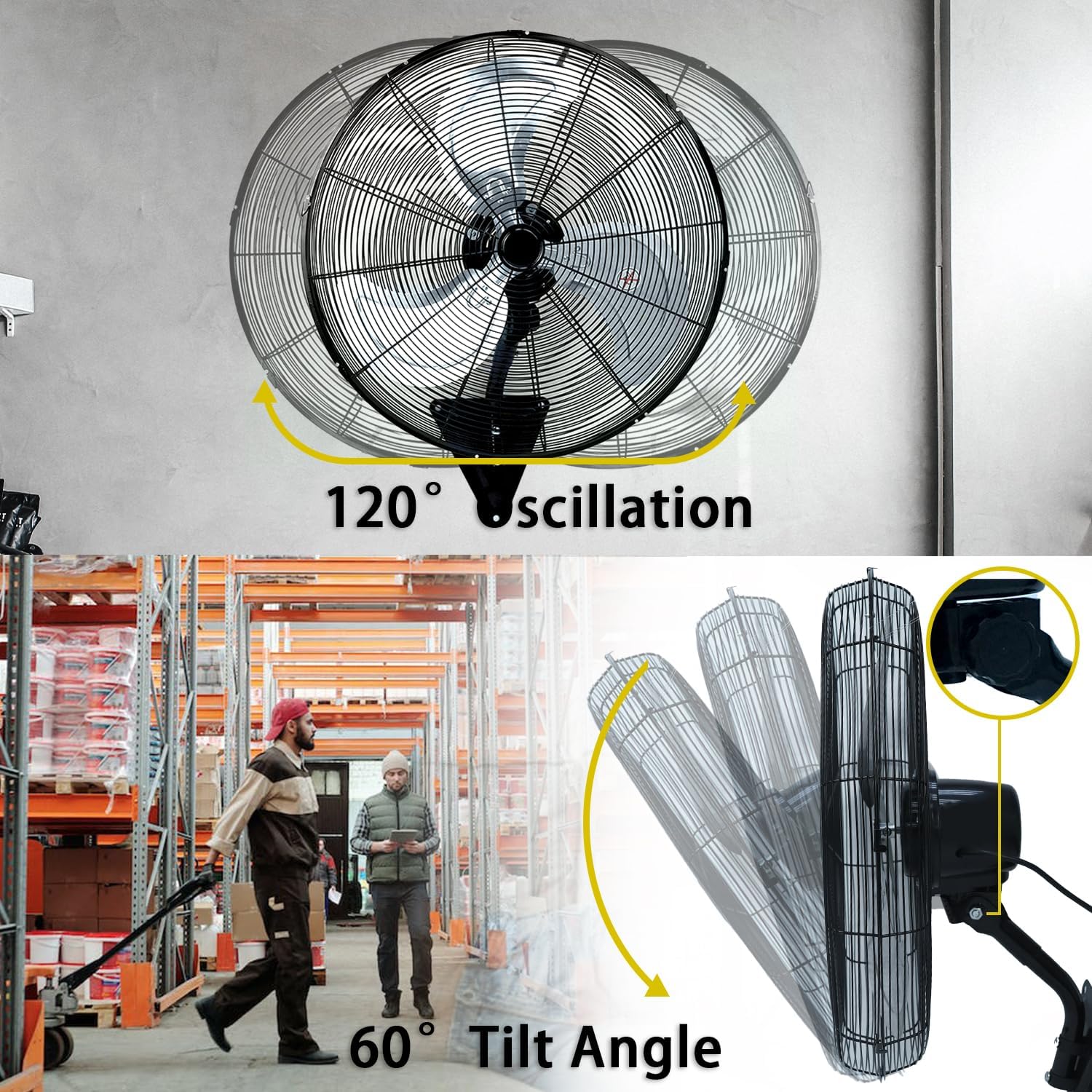 24' Wall Mount Fan, 8500CFM Heavy Duty Wall Fan with 3-Speed & Adjustable Tilt, High Velocity Industrial Oscillating Fans for Garage, Factory, Patio, Indoor, Porch, Shop & Commercial Use - ETL Listed