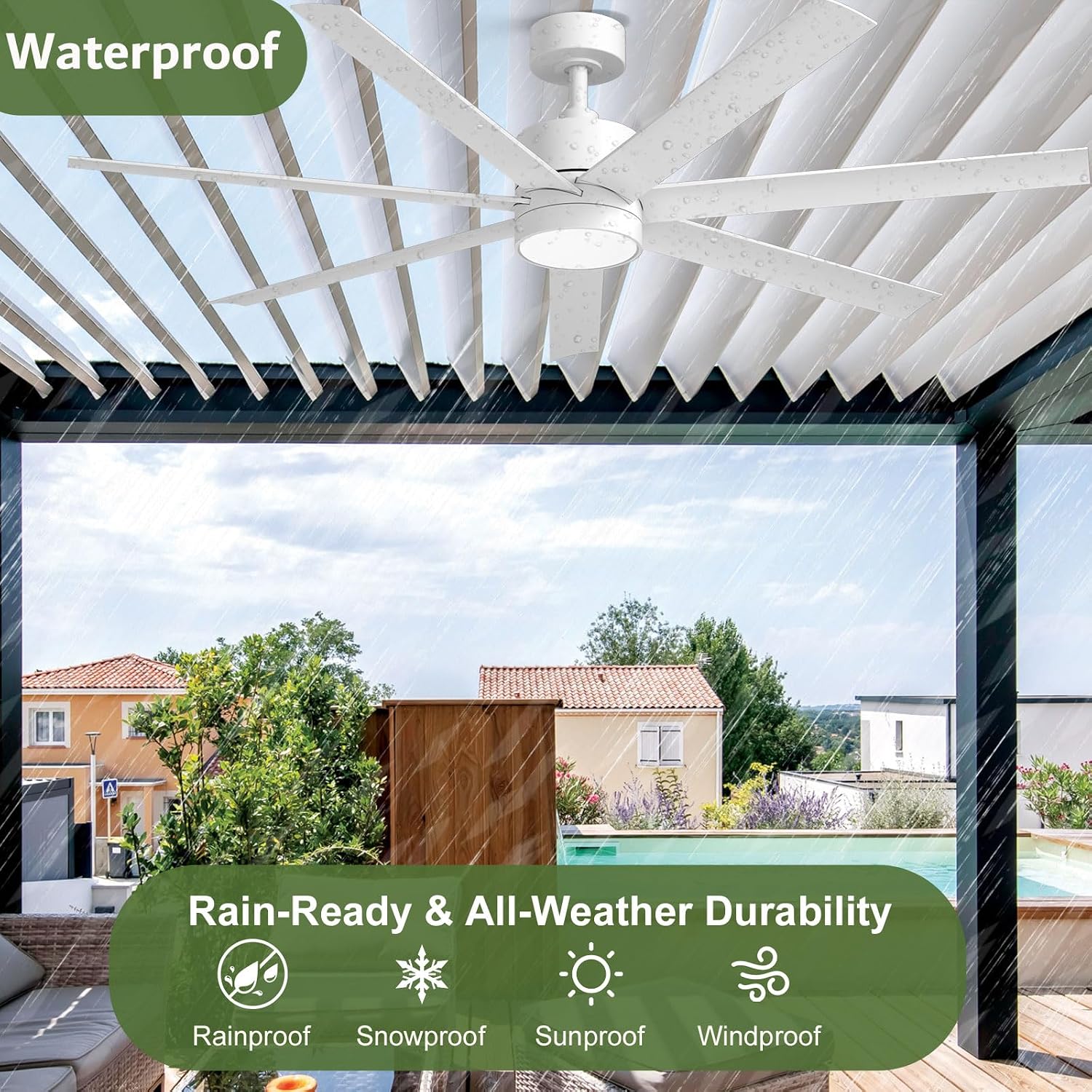 56 Inch Waterproof Outdoor Ceiling Fan with Light, Wet-Rated White Outdoor Ceiling Fans, All-Weather 7 UV-Proof Blades, High CFM Quiet DC Motor, for Exterior Patis, Porch, Terraces, Gazebo