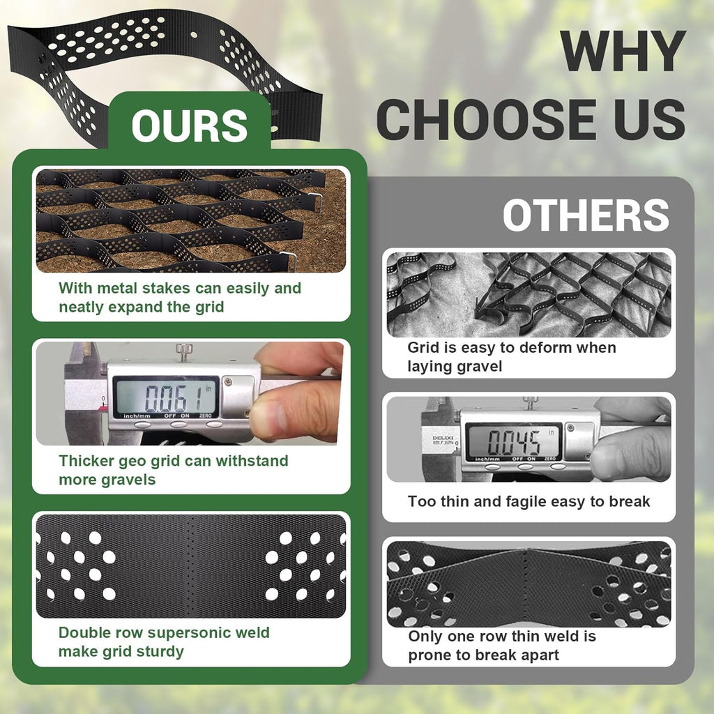Gravel Grid 9x34 FT with 20Pcs Landscape Staples, 3'' Thick Geogrid Ground Grid 2200 lbs per Sq Ft Erosion Control Geo Grid for Driveway, Walkway, Horse Paddock, Patio, Parking Lot, Slope
