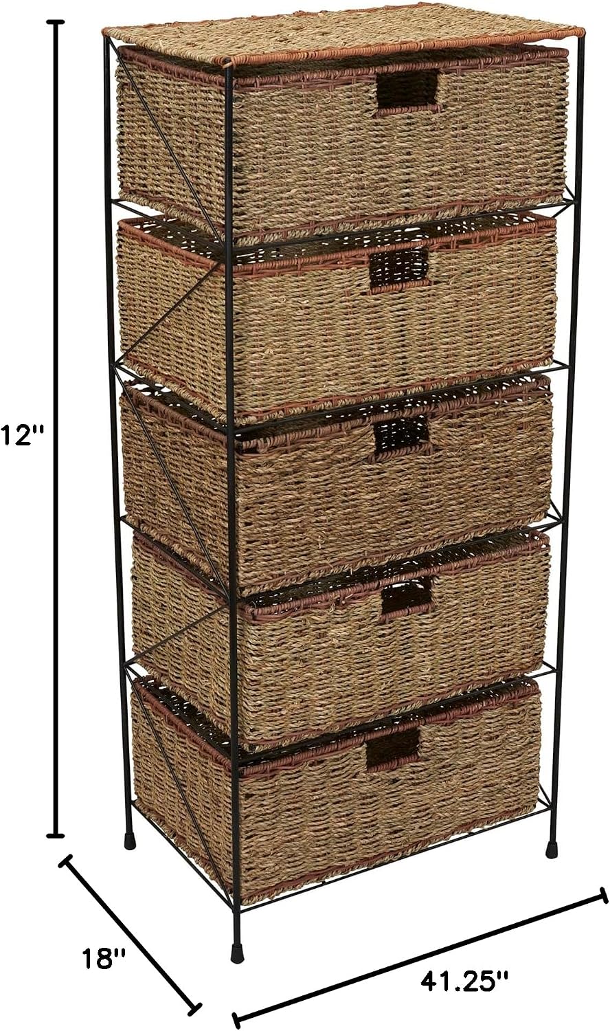 Household Essentials 5 Drawer Seagrass Wicker Storage Tower with Handwoven Rattan Design and Strong Metal Frame, Natural Rustic Modern Finish