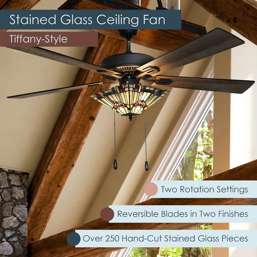 RIVER OF GOODS 52 Inch Craftsman LED Ceiling Fan with Lights - Tiffany-Style Stained Glass Ceiling Light Fixture - Elegant Chandelier Fans with Lights and Remote