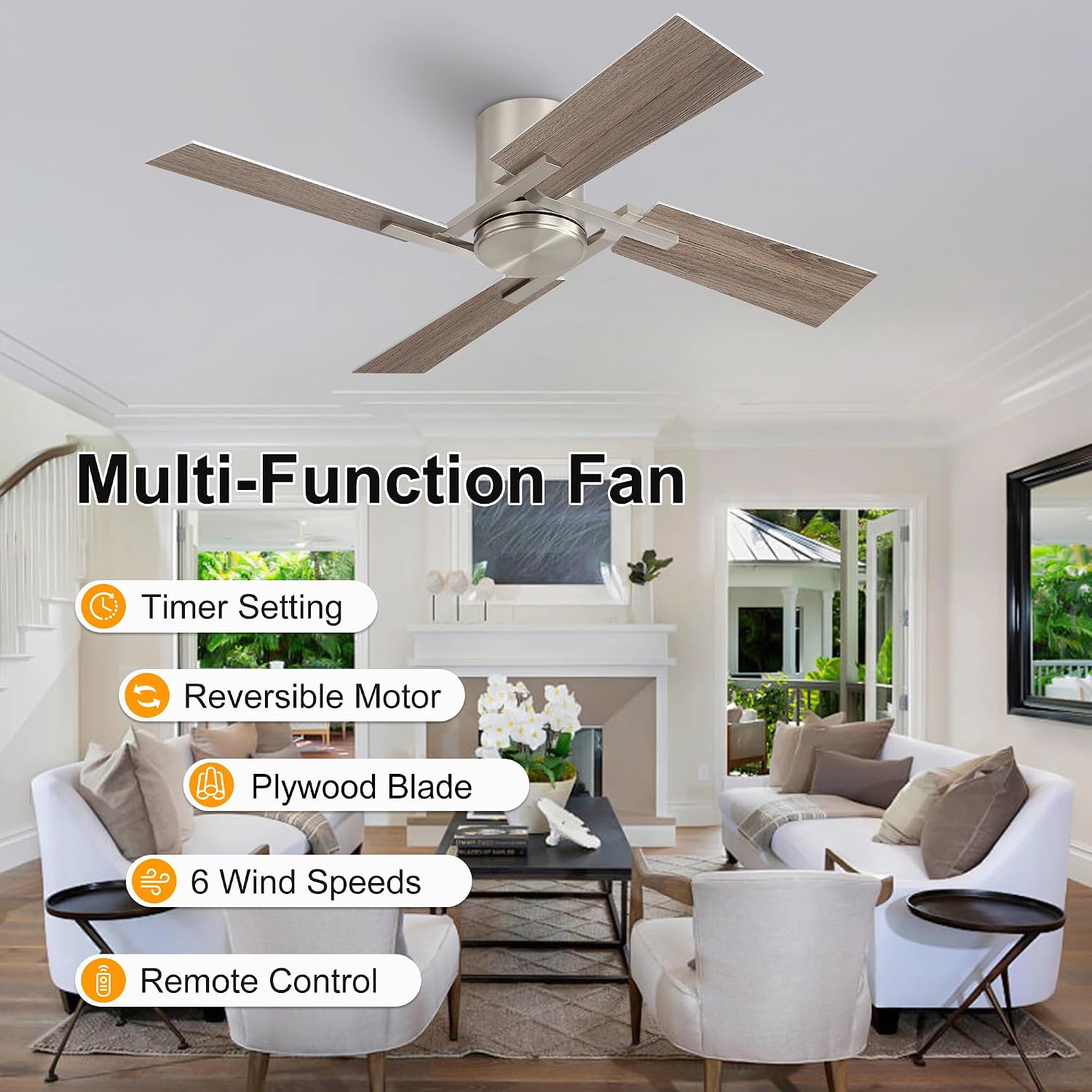 WINGBO 48 Inch Flush Mount Ceiling Fan without Light - 4 Plywood Blades, 6-Speed Reversible DC Motor, Noiseless Low Profile Ceiling Fan No Light for Bedroom Living Room, Nickel and Silver/Gray
