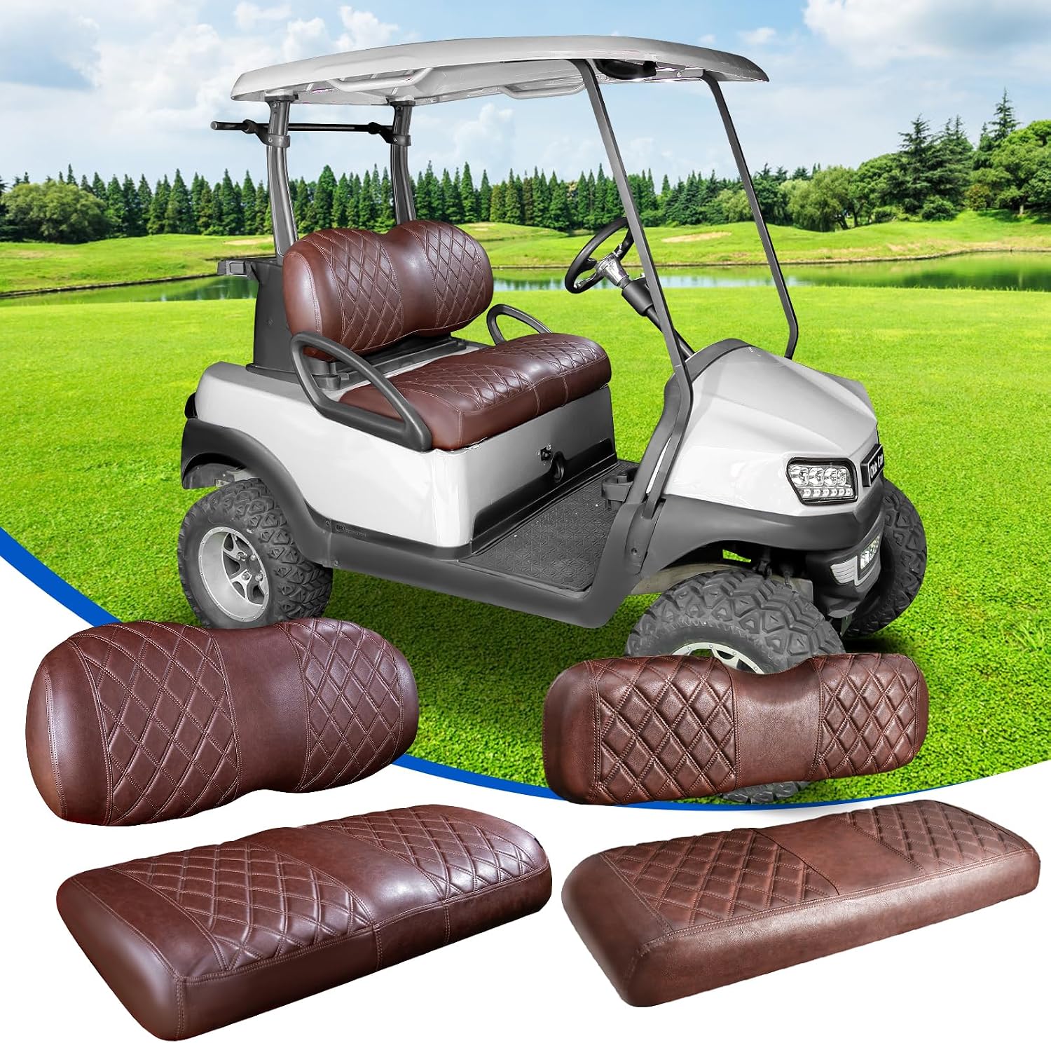 NOKINS Golf Cart Diamond Front&Rear Seat Covers Kit, Front Seat Covers Fits Club Car Precedent/Tempo/Onward Premium Seat Cushion, Rear Seat Covers Fits Aftermarket Standard Cushion(Brown&Brown 8438)