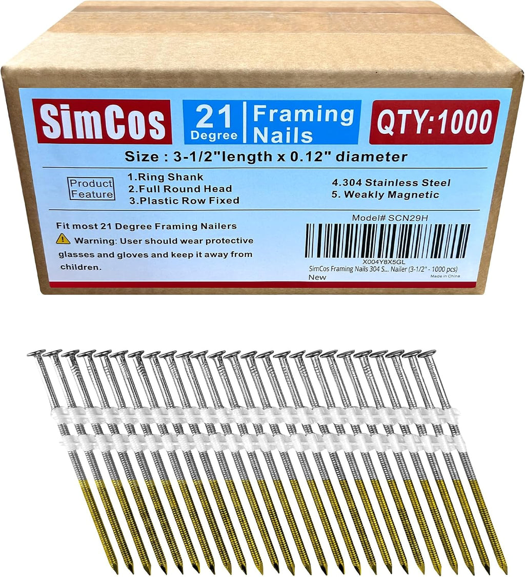 Framing Nails 304 Stainless Steel 21° Full Round Head Nail 21 Degree Ring 3-1/2' Shank Nail for Pneumatic, Electric 21 degree Framing Nailer (3-1/2' - 1000 pcs)