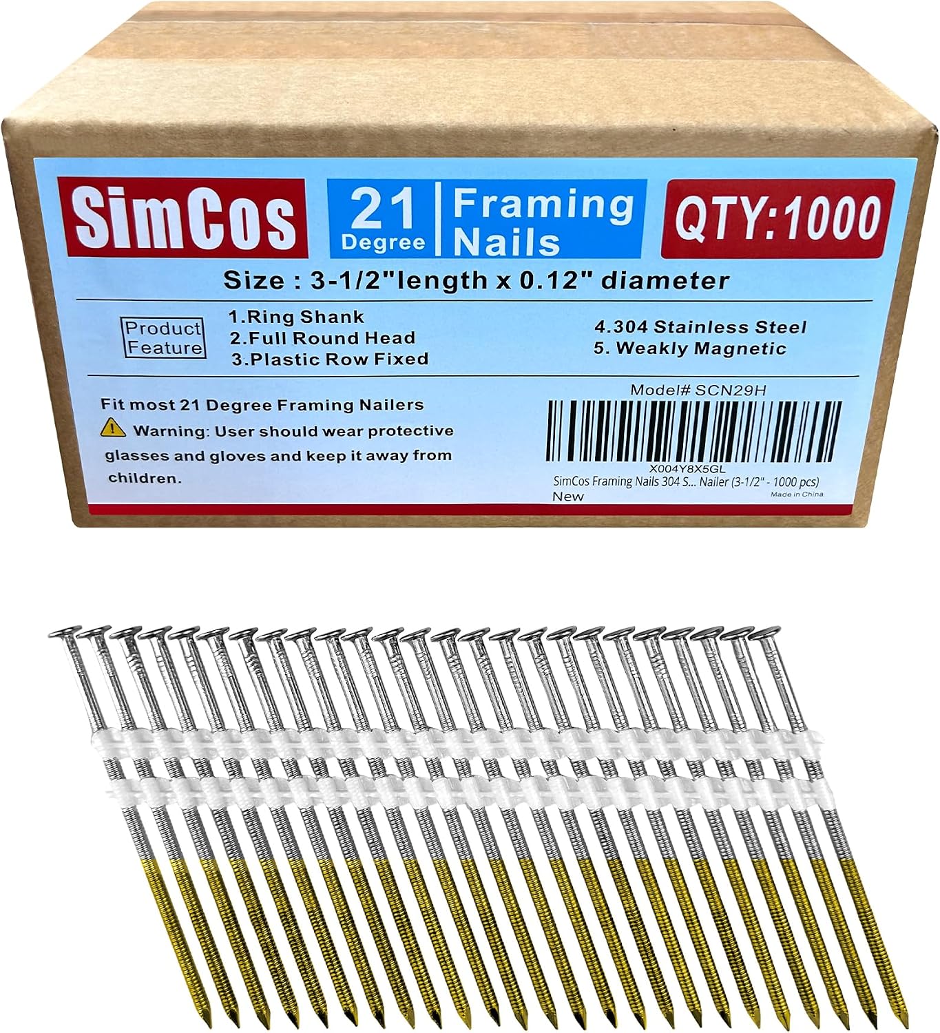 Framing Nails 304 Stainless Steel 21° Full Round Head Nail 21 Degree Ring 3-1/2' Shank Nail for Pneumatic, Electric 21 degree Framing Nailer (3-1/2' - 1000 pcs)