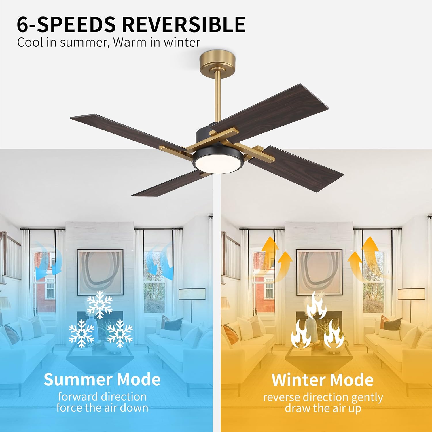 WINGBO 48 Inch Ceiling Fan with Light and Remote, 4 Plywood Blades, 6-Speed Reversible DC Motor, Dimmable, 3CCT, Farmhouse Ceiling Fan for Bedroom Living Room Kitchen, Brass and Black/Walnut
