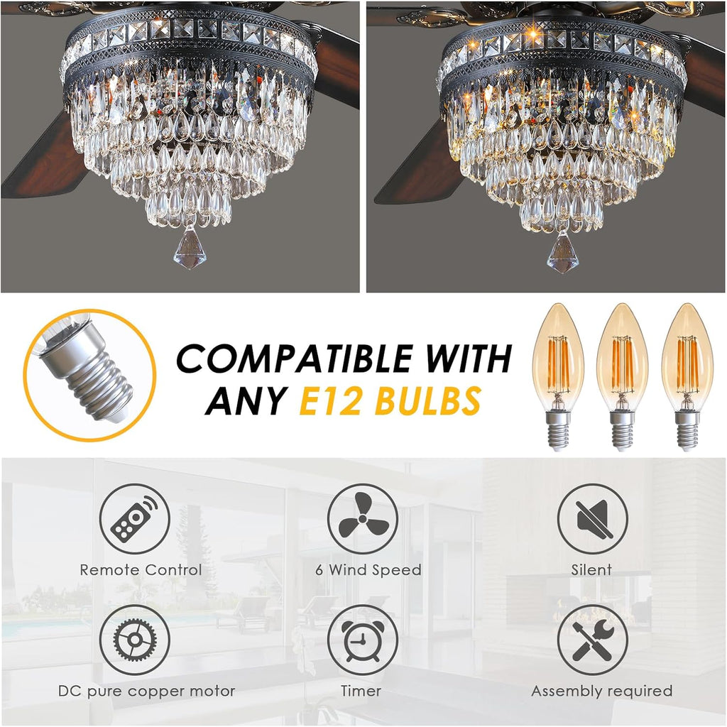 Asyko 62' Crystal Ceiling Fan Fandelier with Lights - Black Modern Crystal Chandelier Fans with Remote Control，Noiseless DC Motor, Retro/Farmhouse Lighting, Dining Room， Living Room