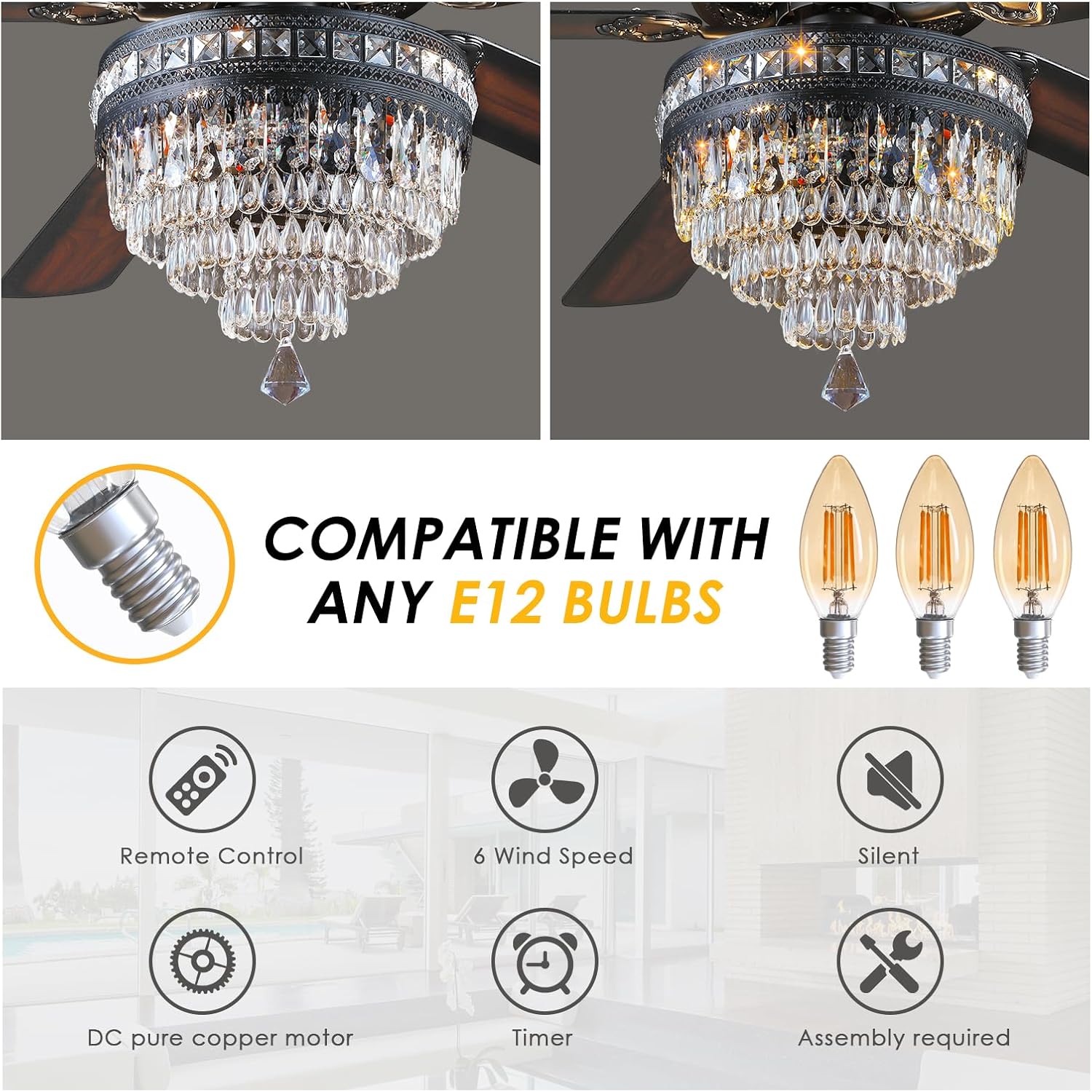 Asyko 62' Crystal Ceiling Fan Fandelier with Lights - Black Modern Crystal Chandelier Fans with Remote Control，Noiseless DC Motor, Retro/Farmhouse Lighting, Dining Room， Living Room