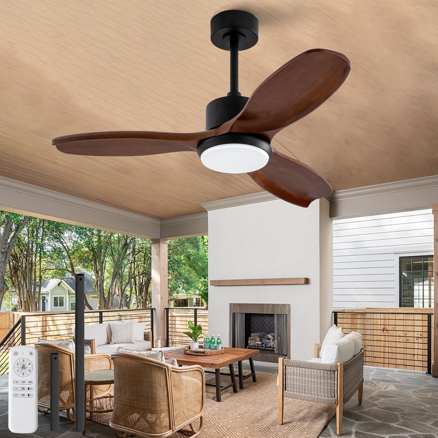 KBZZ 42 Inch Wood Ceiling Fans with Lights, Remote Control, Dimmable, Reversible DC Motor, Memory Function, Modern Outdoor Ceiling Fan with Light for Patio Porch (Black Walnut)