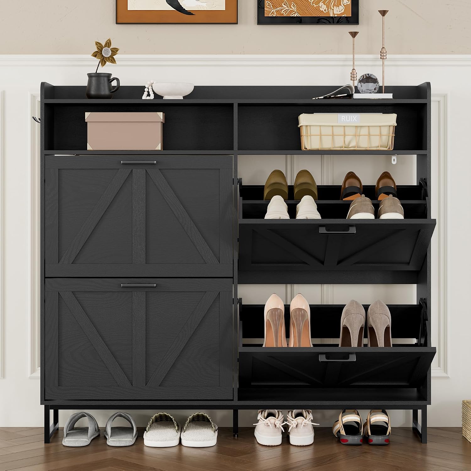 BORNOON Shoe Cabinet with 4 Flip Drawers Narrow Shoe Storage Cabinet Organizer Wooden Freestanding Shoe Rack Hidden Slim Shoes Storage Cabinet for Entryway, Hallway, Living Room, Bedroom