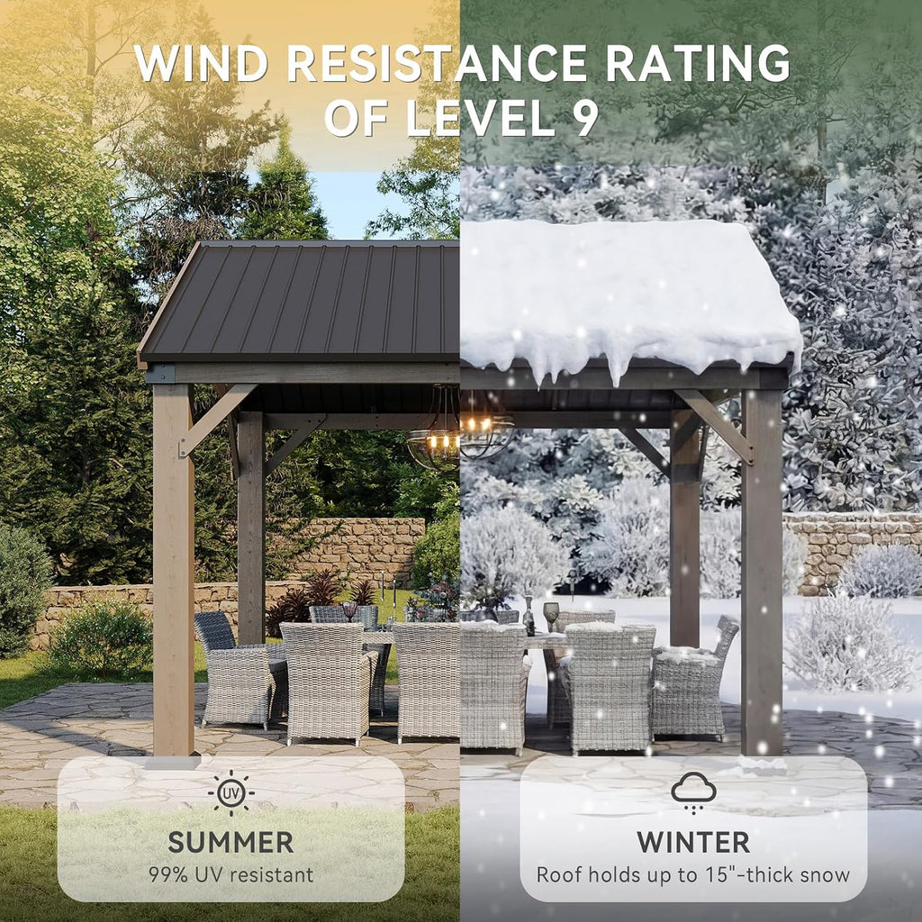Aoxun 10' x 10' Outdoor Wood Gazebo with 20' Ceiling Fan with Light, Hardtop Gazebo Permanent Wooden Pavilion with Galvanized Steel Gable Roof, for Patio, Garden, Backyard, Cedar Wood
