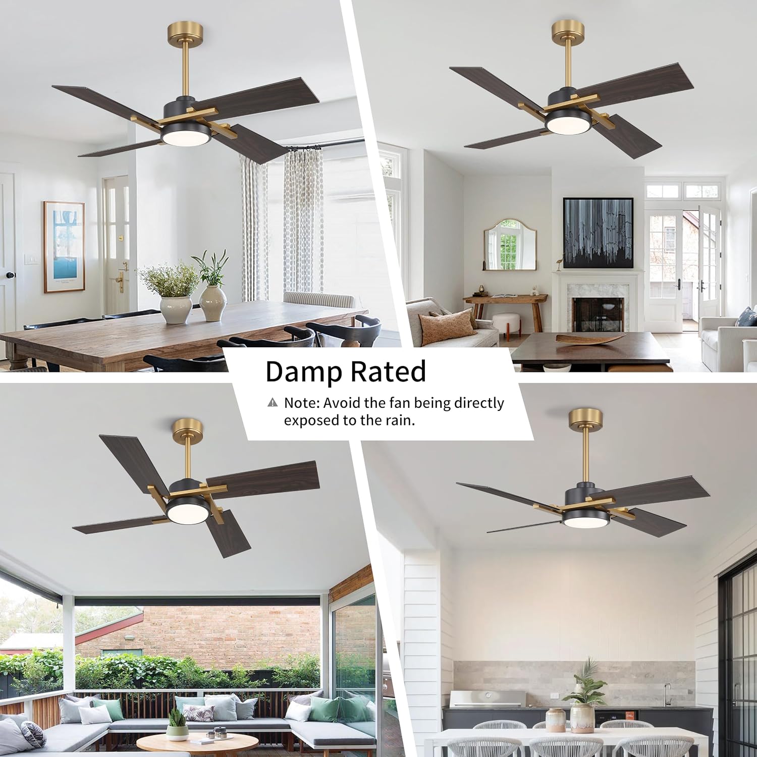 WINGBO 48 Inch Ceiling Fan with Light and Remote, 4 Plywood Blades, 6-Speed Reversible DC Motor, Dimmable, 3CCT, Farmhouse Ceiling Fan for Bedroom Living Room Kitchen, Brass and Black/Walnut