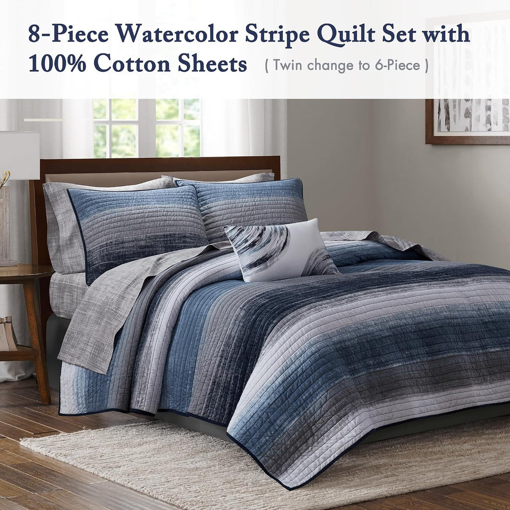 Madison Park Essentials Saben Cozy Bed in A Bag Reversible Quilt with Complete Cotton Sheet Set-Geometric Design All Season Cover, Decorative Pillow,King(104'x92'), Stripes Navy 8 Piece