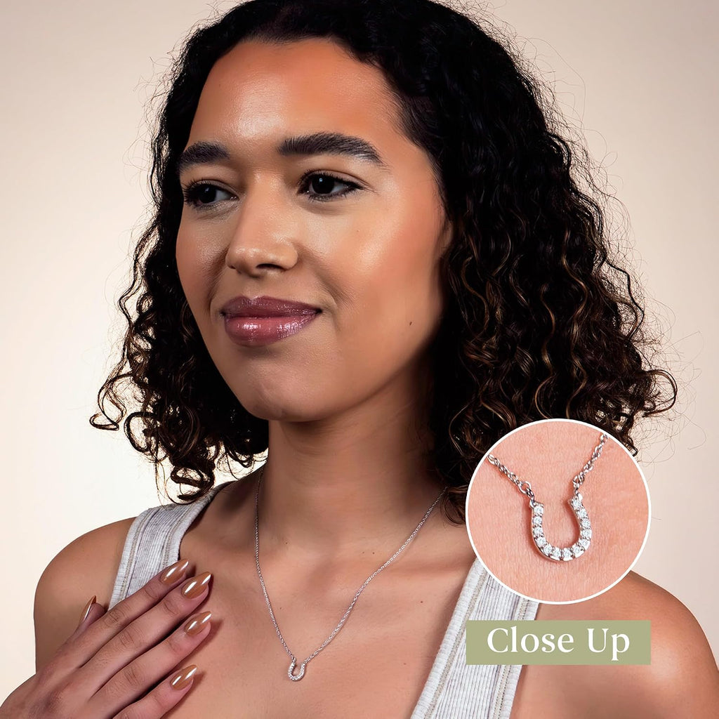 GILDED 10K White Gold Horseshoe Necklace with Natural Round-Cut Diamonds and 17' White Gold Rope Chain, 14K Yellow Gold Plated on Sterling Silver Horseshoe Necklace and 17' Cable Chain, 1/10 Carat Total Weight Diamonds & Elegant Gift Box Included