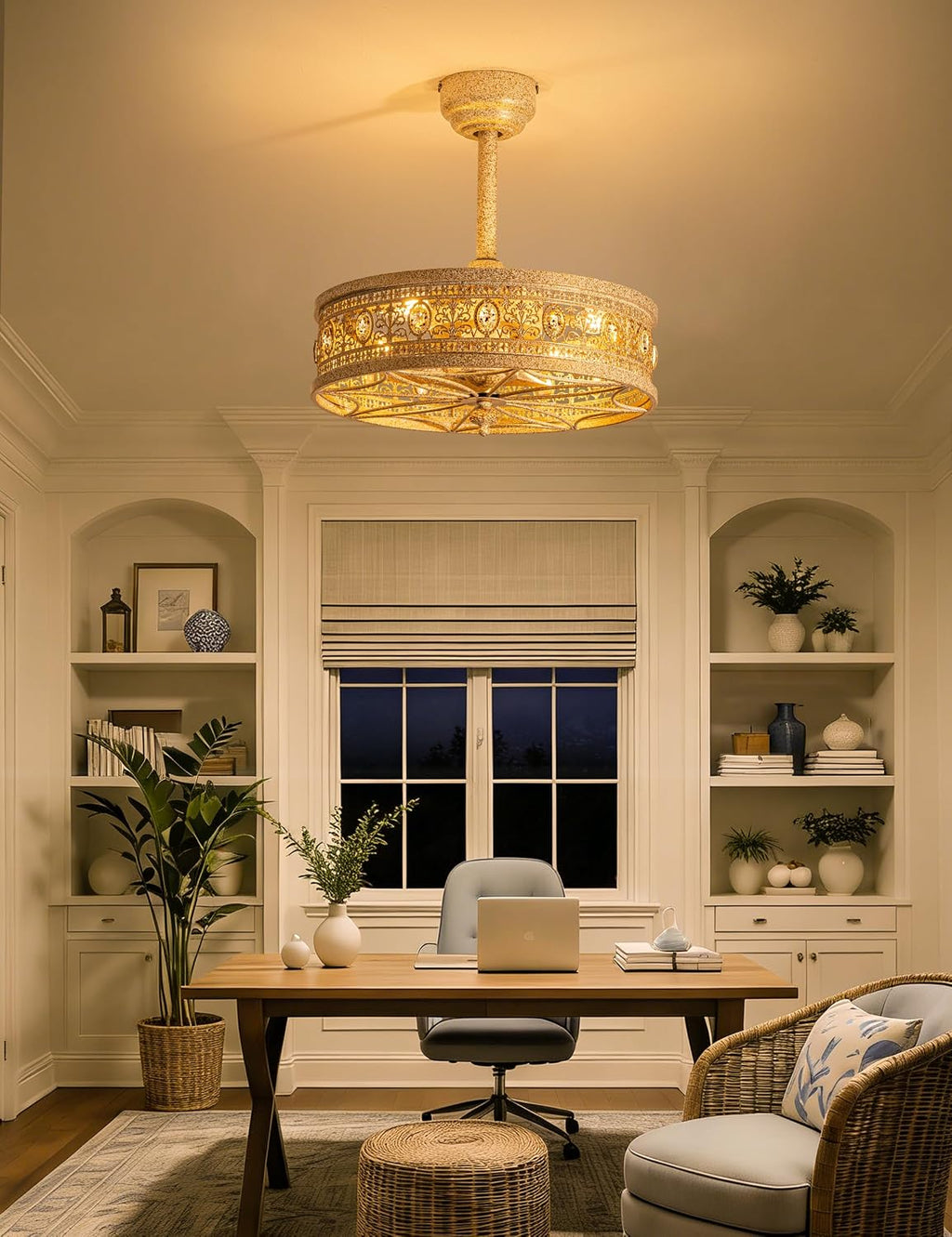 Fandelier Ceiling Fan with Light,French Coastal Ornate Caged Bladeless Chandelier Fan,Elegant Statement Crystal Round Drum Light Fixture,Hanging/Flush Mount for Bedroom,Kitchen,Dining Room,Living Room