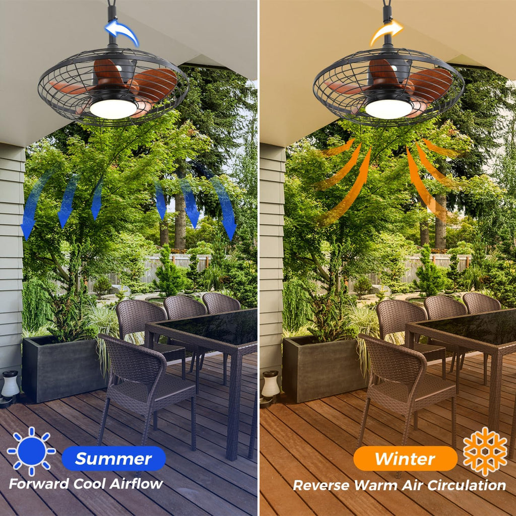 20 Inch Downrod Mount Ceiling Fan LED 18W 3CCT 5 ABS Blades DC Motor with Hanging and Hook for Outside Patios Pergola Black Lighting Outdoor Ready