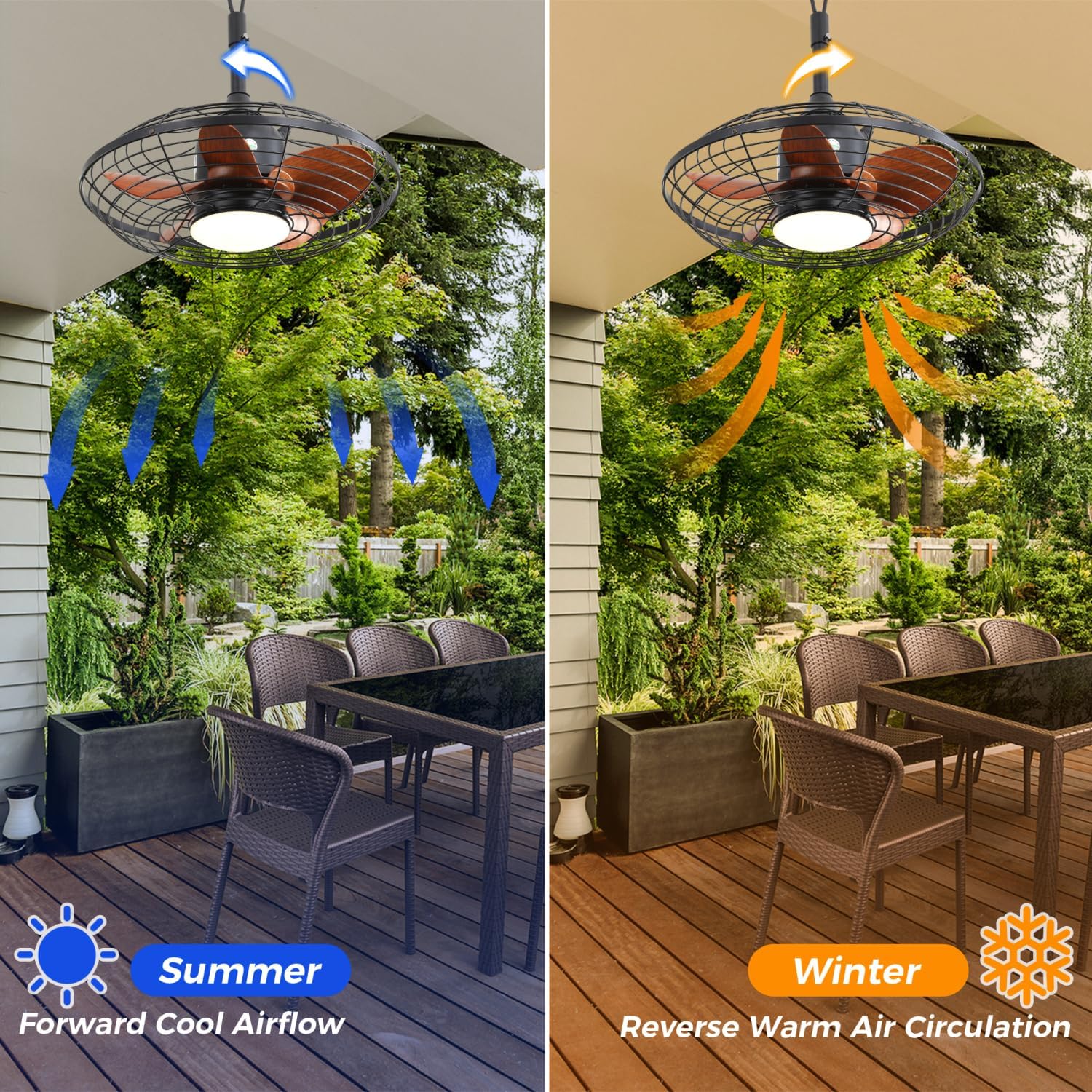 20 Inch Downrod Mount Ceiling Fan LED 18W 3CCT 5 ABS Blades DC Motor with Hanging and Hook for Outside Patios Pergola Black Lighting Outdoor Ready