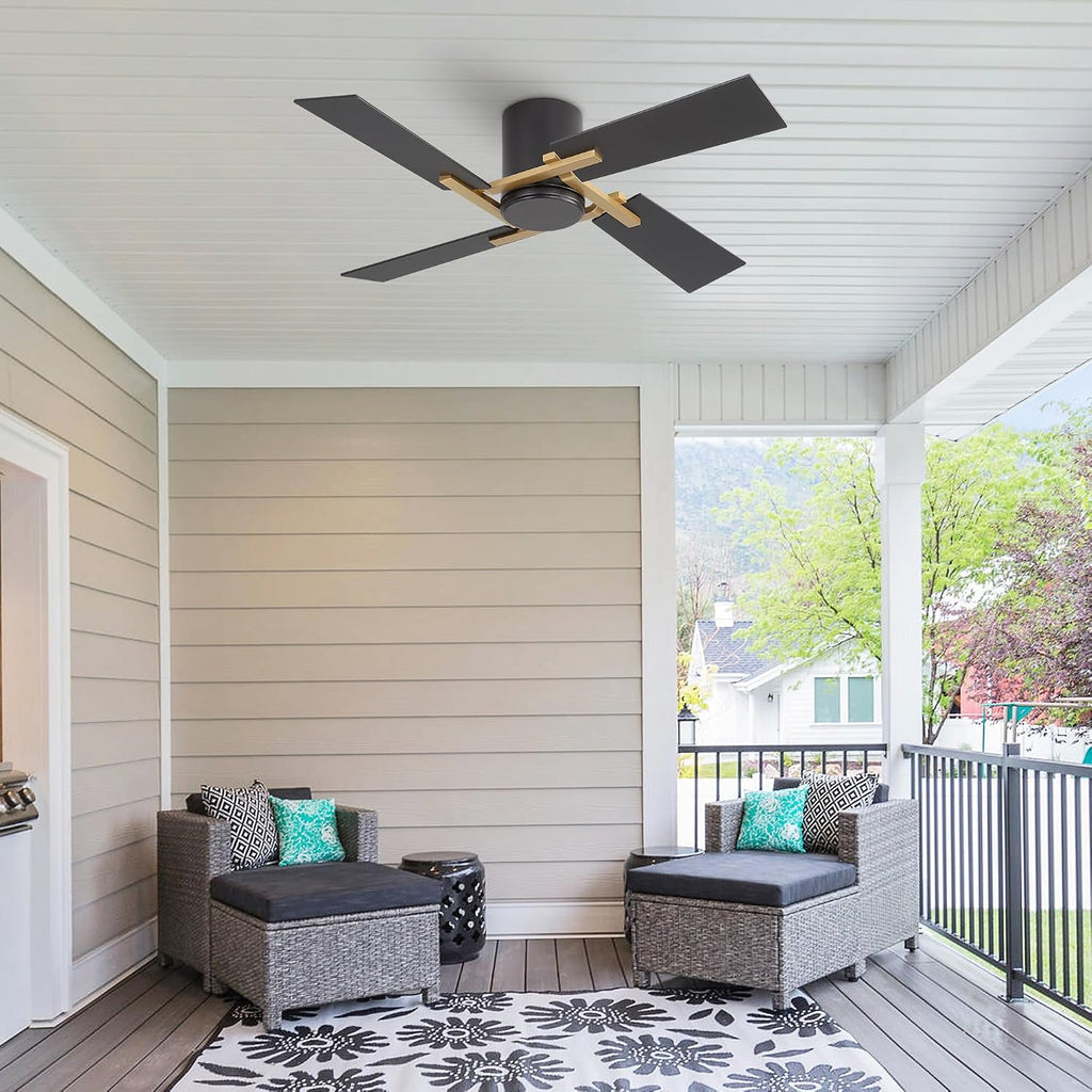 WINGBO 48 Inch Flush Mount Ceiling Fan without Light - 4 Plywood Blades, 6-Speed Reversible DC Motor, Noiseless Low Profile Ceiling Fan No Light for Bedroom Living Room, Gold and Black/Walnut