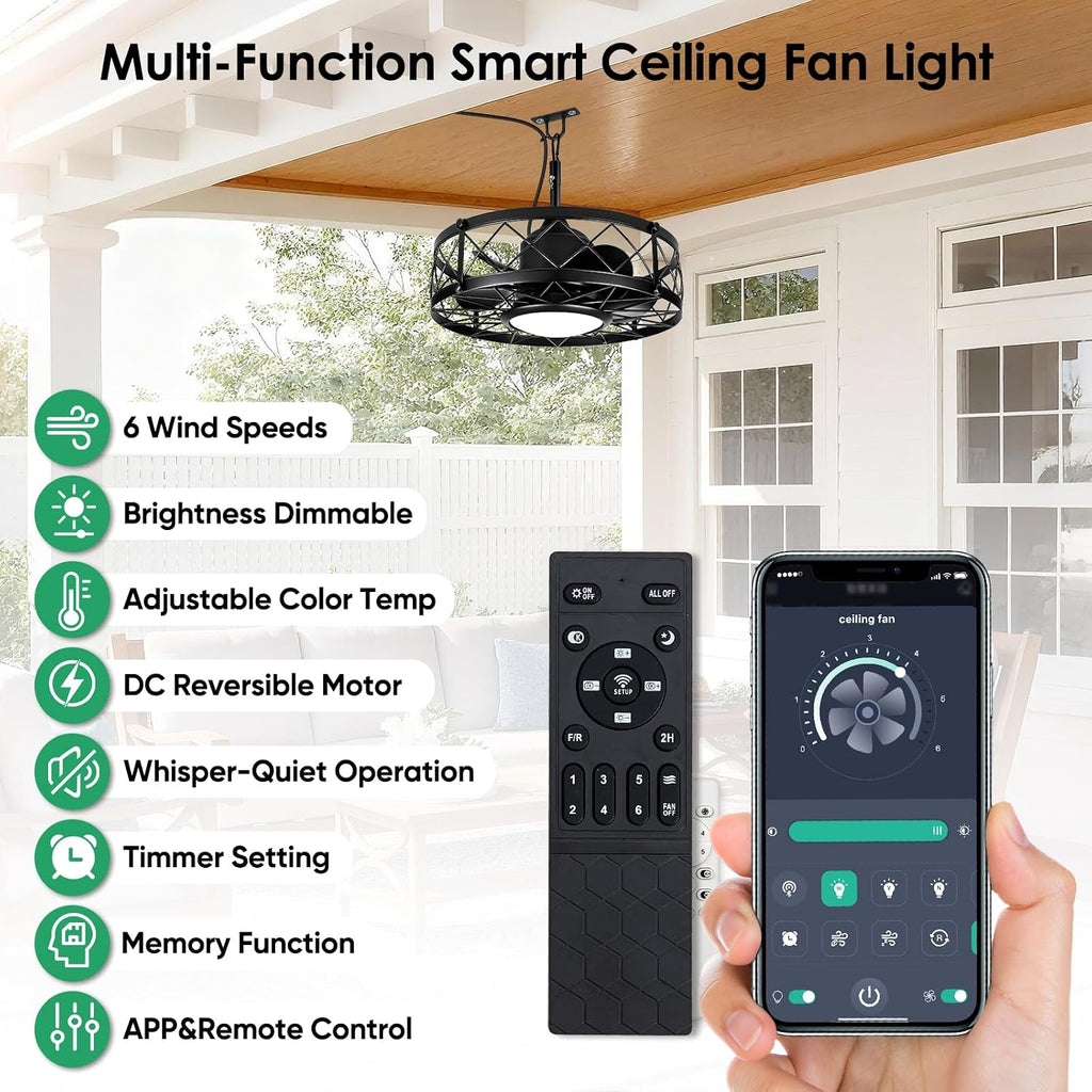 ropelux Outdoor Ceiling Fans with Light,Waterproof Ceiling Fan Light with Remote & APP Control,20 Inch Plug in Caged with Dimmable 3CCT 6-Speeds,Noiseless for Gazebo Patio Porch (Black, 20inch)