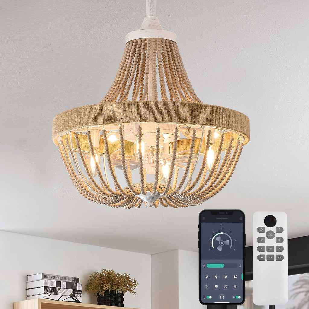 20' Rustic Beaded Chandelier Ceiling Fan with Lights, Remote & App Control, 6 Speed, 8-Lights Boho Fandelier, for Bedroom, Dining Room (Retro White)
