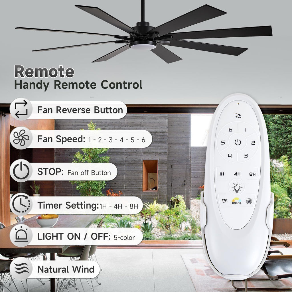 Modern Black Ceiling Fan with Light, 72 Inch Industrial Large Ceiling Fans with 8 Blade, Remote Control, Reversible DC Motor, Low Profile Indoor Outdoor Ceiling Fan for Office Exterior