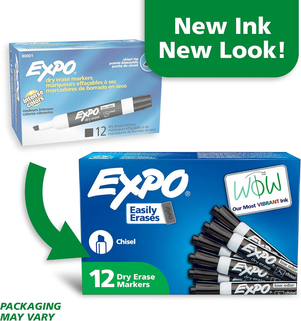 EXPO Dry Erase Markers, Low Odor Ink, Black, Chisel Tip, Whiteboard, Calendar, Organization, Essential Supplies for Office, School, Classroom, Teachers (Pack of 144)