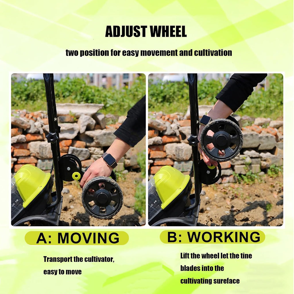 Electric Garden Tiller,Garden Cultivator Rotovator and Rototiller with 2 Wheels,36cm Working Width & 17cm Depth,Rotary Tiller for Lawn/Gardening/Soil
