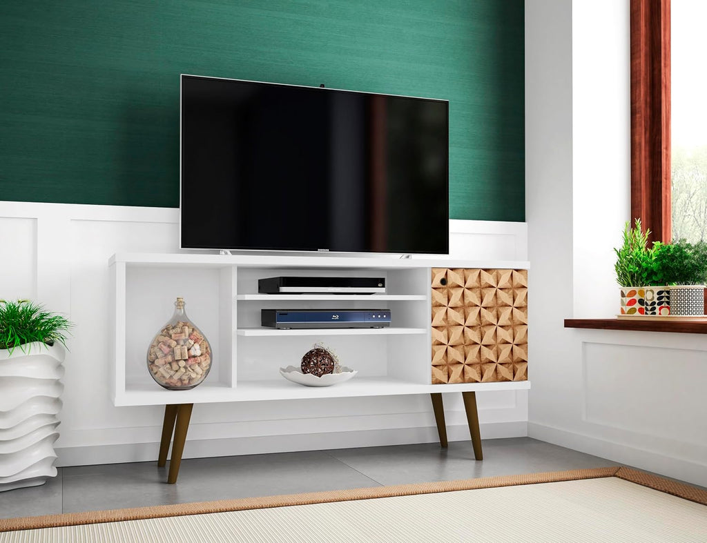 Manhattan Comfort Liberty Mid Century Modern TV Stand for Televisions up to 50 Inches, Bedroom and Living Room Entertainment Center with Storage, Shelves, and Cabinet, 53' Wide, White/3d Print