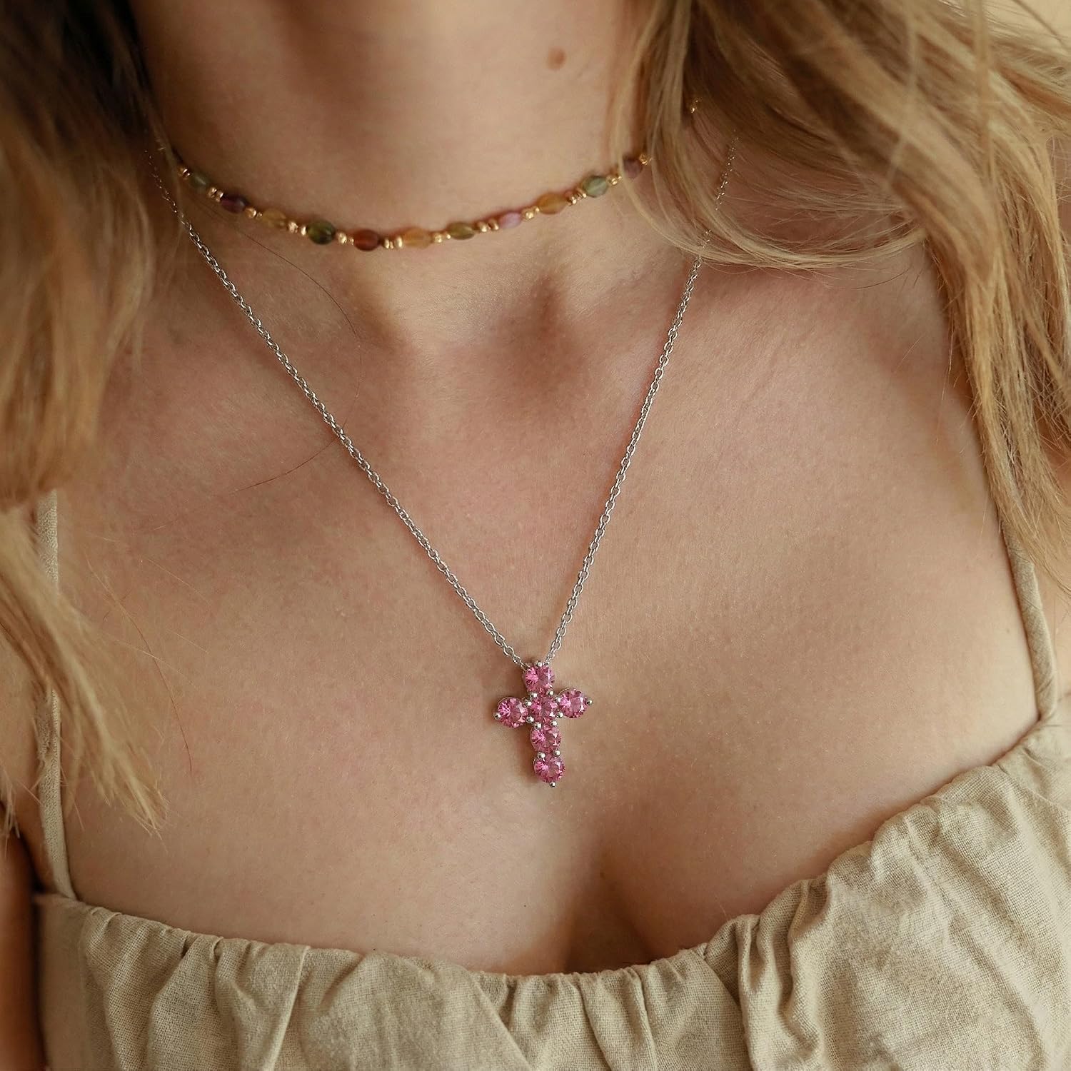 GOODSTONE JEWELS 925 Sterling Silver Cross Pendant Necklace for Women | Size 16+2 Inch Cable Chain with Lobster Clasp | Natural Birthstone Jewelry Gift for Her
