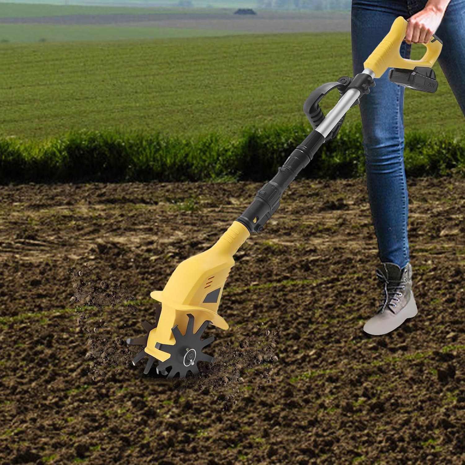 20V Cordless Tiller Cultivator，250RPM Electric Garden Tiller with Charger，Garden Rototiller for Lawn Gardening Soil Cultivation