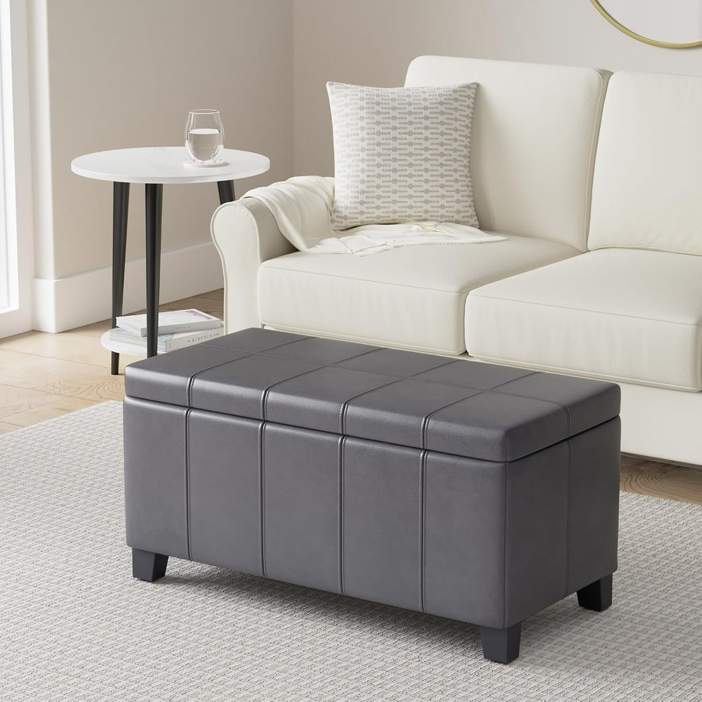 SIMPLIHOME Dover Storage Ottoman Bench - 36 inch Wide Upholstered Vegan Leather Rectangular Lift-Top Ottoman in Distressed Black, Contemporary Bench for Living Room with Safety Hinges
