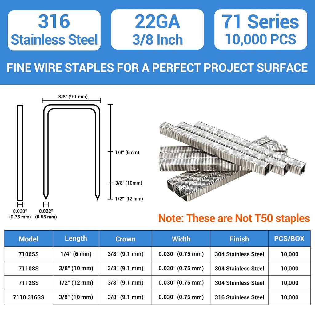 meite 71/10 22 Gauge 71 Series 316 Stainless Steel Upholstery Staples, 3/8-Inch (9.1 mm) Crown 3/8-Inch Length for Fine Wire Stapler Gun and Marine Upholstery (5 Boxes)