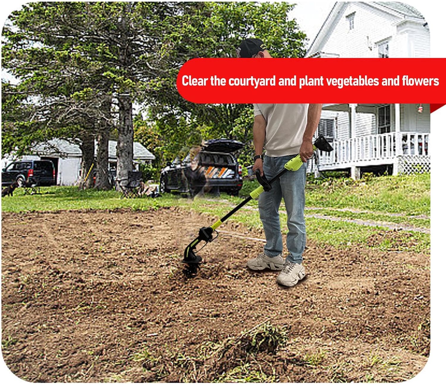 Ymiko Cordless Tiller Cultivator, Rechargeable Electric Garden Tiller Rototiller for Lawn Gardening Premium ABS and 65 Manganese Steel Blades 3.9 Inch Cultivation Width and Depth (US Plug)