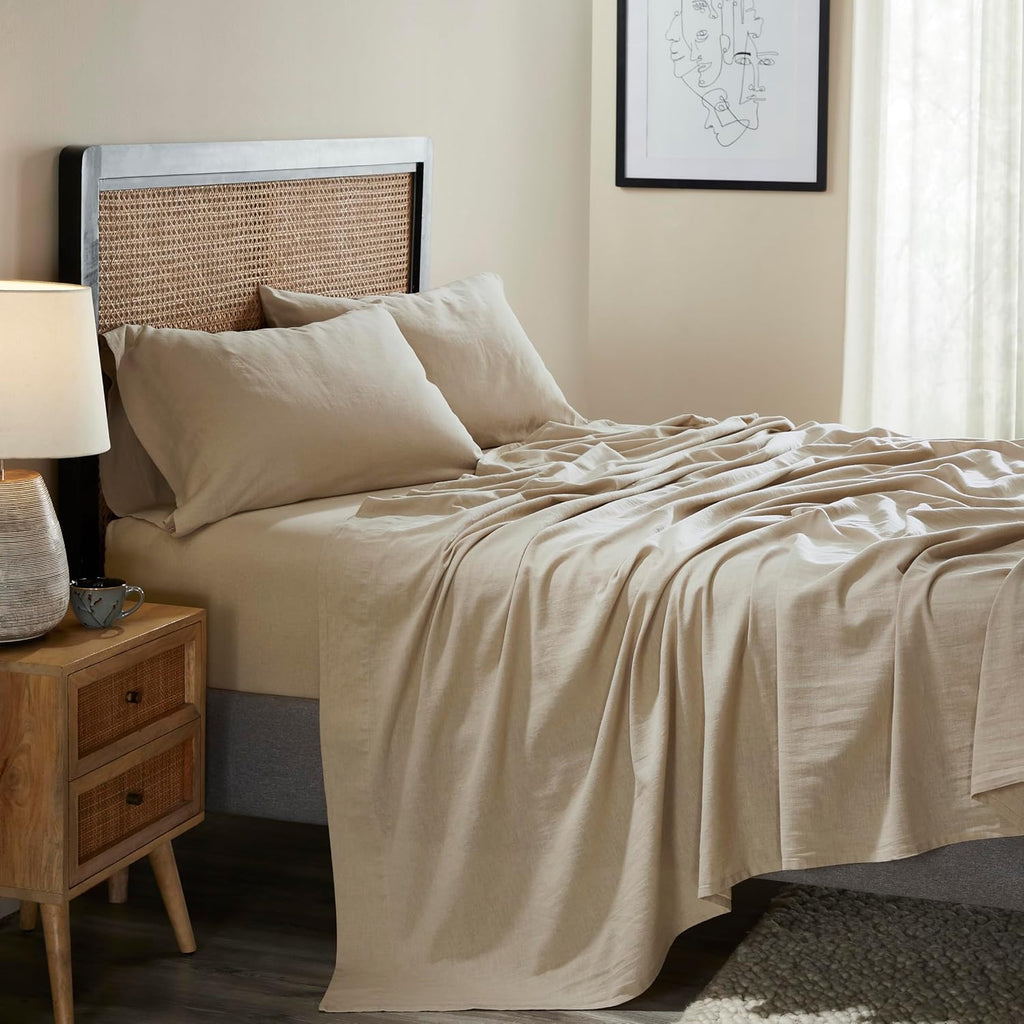 Superior Cotton Linen Blend Sheet Set, Bedsheets for Home Decor, Modern Solid Bedding Includes 1 Oversized Fitted Sheet, 1 Flat Sheet, 2 Pillowcases, Bedroom Essentials, Queen Size, Tan