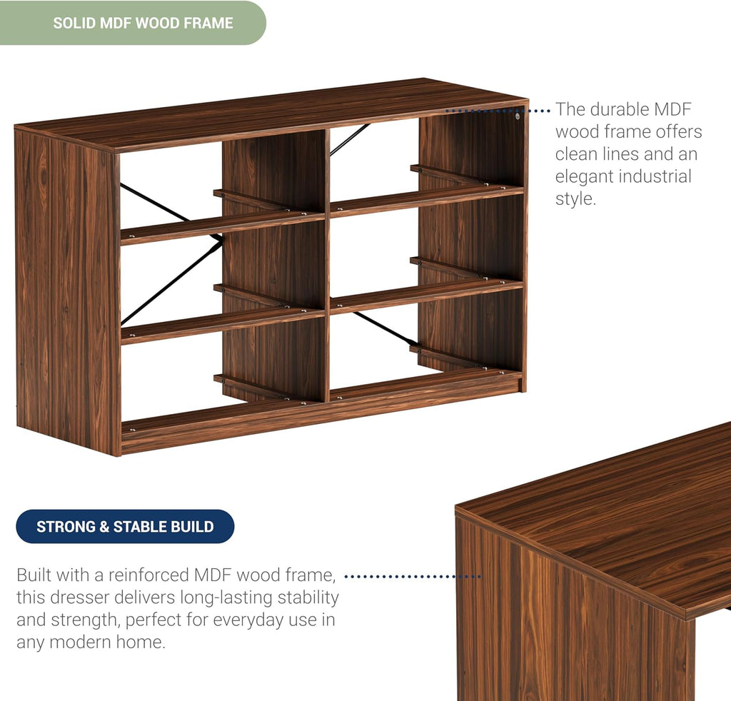 Modern 6-Drawer Dresser with Spacious Storage, Sturdy Wood Frame, Large Capacity Fabric Drawers, Dressers for Bedroom, Home Organization Storage for Living Room or Hallway, Walnut