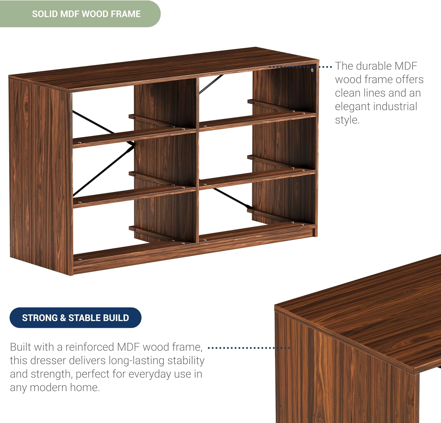 Modern 6-Drawer Dresser with Spacious Storage, Sturdy Wood Frame, Large Capacity Fabric Drawers, Dressers for Bedroom, Home Organization Storage for Living Room or Hallway, Walnut