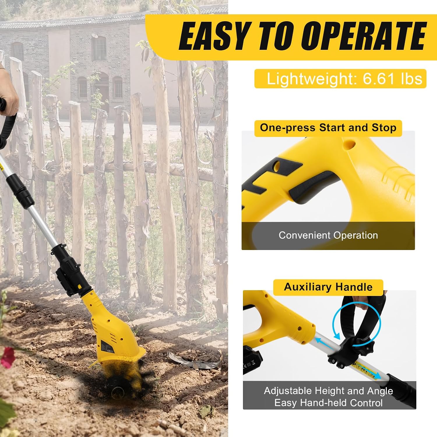Cordless Tiller Cultivator, 20V 250RPM Electric Tiller Battery Powered Garden Cultivator 6.7' Tilling Width, 3.9' Depth with 2AH Battery & Fast Charger