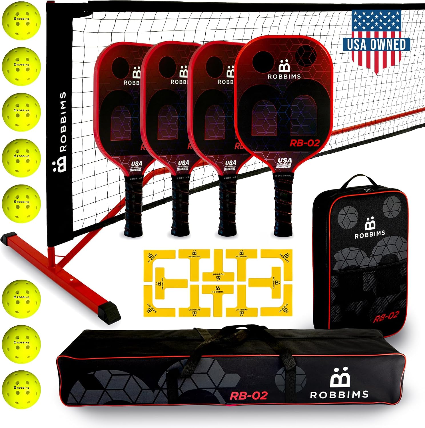 Pickleball Set with Net | 4 USA Pickleball Approved Carbon Fiber Paddles, Portable Regulation Size Net System, 8 Outdoor Balls, Court Marker Kit, Duffle Bag & Carry Bag - ROBBIMS