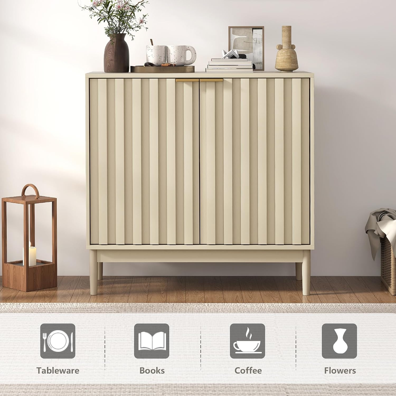 Otterease Fluted Sideboard with Storage, Buffet Cabinet Sideboard with Door, Kitchen Buffet Storage Accent Cabinets with Adjustable Shelves for Living Room, Entry, Hallway, Beige