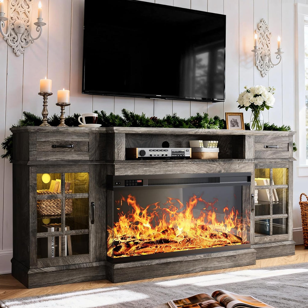 MXV 80' Fireplace TV Stand, 3-Sided Glass Fireplace and Modern Entertainment Center, Wooden Media Console with Glass Doors & Storage Drawers, LED Light, for Living Room, Grey
