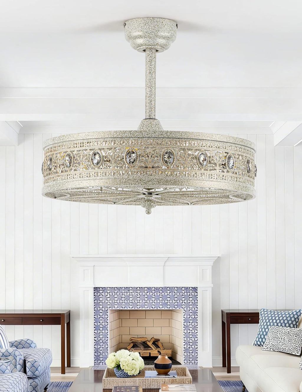Crystal Chandelier Ceiling Fan with Light,French Coastal Ornate Caged Bladeless Fandelier,Elegant Decorative Round Light Fixture,Hanging/Flush Mount for Bedroom,Kitchen Island,Dining Room,Living Room