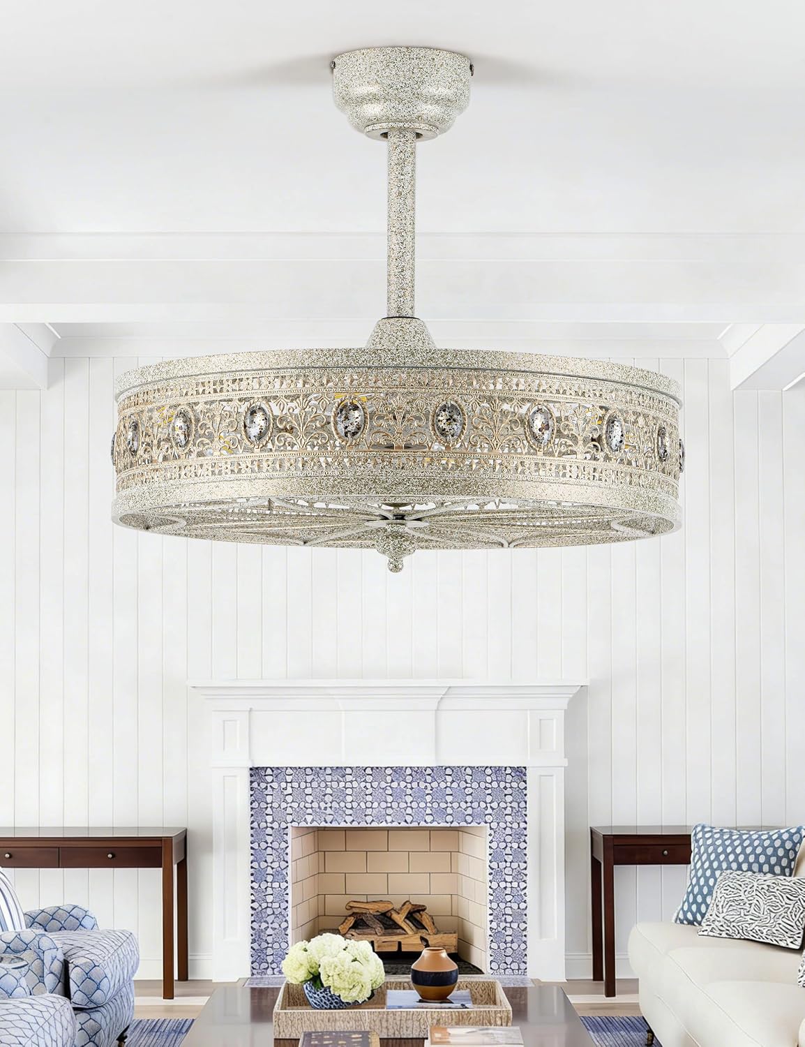 Crystal Chandelier Ceiling Fan with Light,French Coastal Ornate Caged Bladeless Fandelier,Elegant Decorative Round Light Fixture,Hanging/Flush Mount for Bedroom,Kitchen Island,Dining Room,Living Room