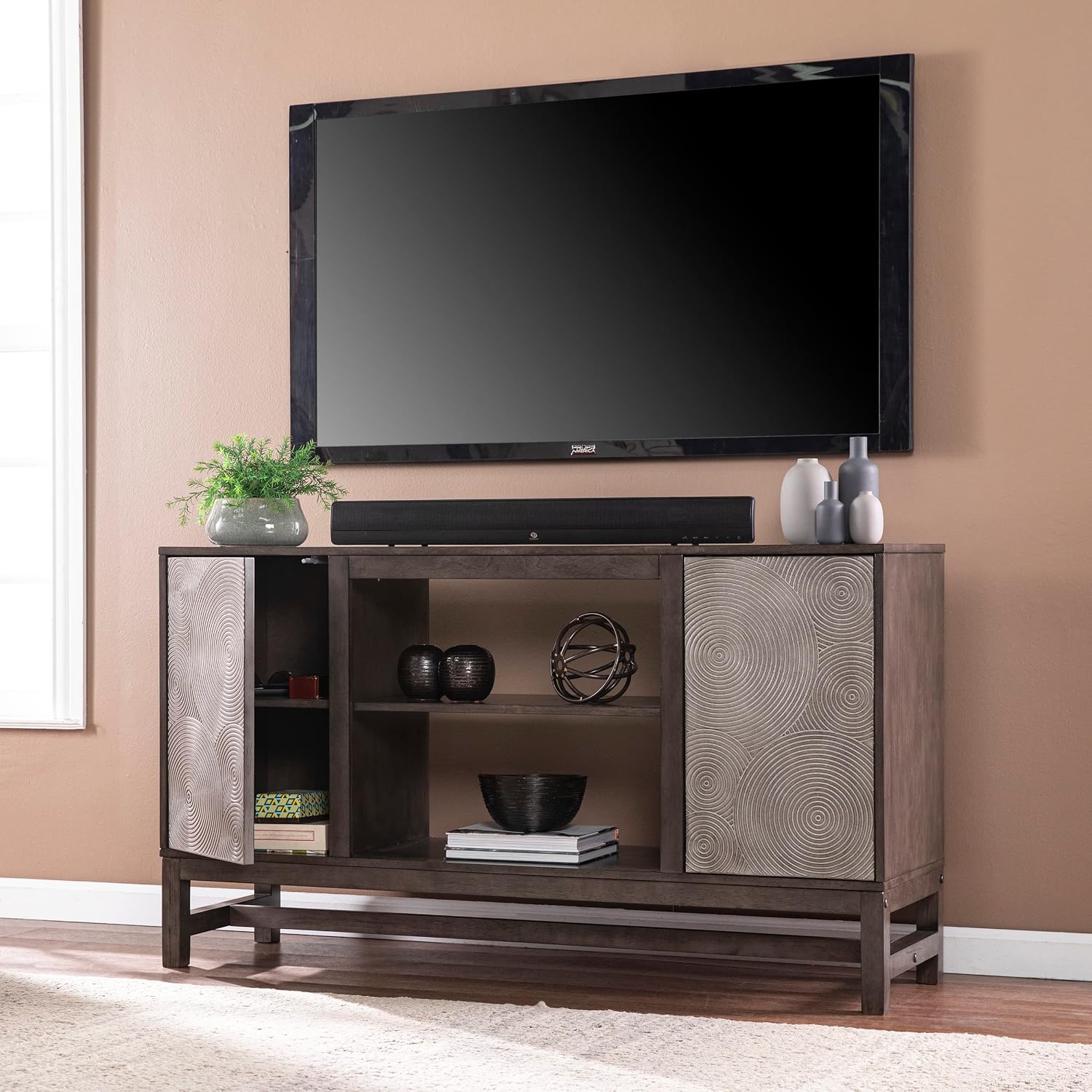 SEI Furniture - Lannington Media Storage Unit - Transitional Design, Brown & Silver Finish - Ideal for Living Room, Family Room (MS1137256)