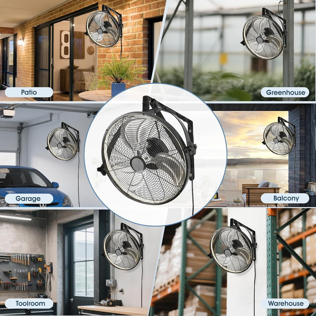 AHAWILL 16 Inch Wall Mount Fan with Lights,6-Speed High Velocity Wall Fan Dimmable Gazebo Fan,360°Adjustable Tilt Industrial Outdoor Fans for Patio,Garage,Workshop,Commercial,Black
