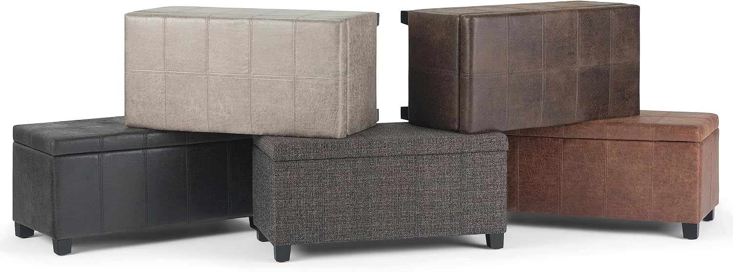 SIMPLIHOME Dover Storage Ottoman Bench - 36 inch Wide Upholstered Vegan Leather Rectangular Lift-Top Ottoman in Distressed Black, Contemporary Bench for Living Room with Safety Hinges