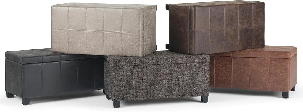 SIMPLIHOME Dover Storage Ottoman Bench - 36 inch Wide Upholstered Vegan Leather Rectangular Lift-Top Ottoman in Distressed Grey Taupe, Contemporary Bench for Living Room with Safety Hinges